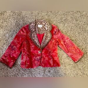 3 Sisters Red Floral Velvet Jacket with Leopard Collar